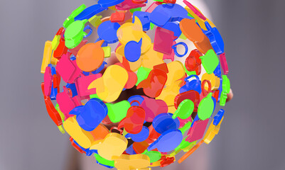 Abstract image of colorful speech bubbles forming a sphere, representing global communication and...