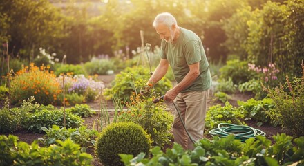 Senior man watering plants in a lush garden at sunset