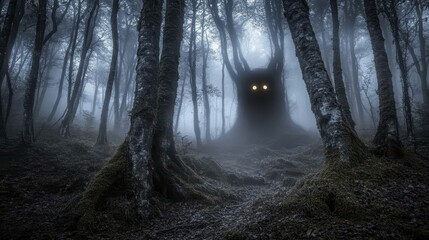 Mysterious Forest with Eerie Trees and Glowing Eyes at Night