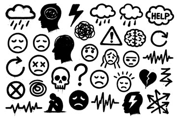Mental Health Symbols – Graffiti Spray Paint Icons with Dripping Ink