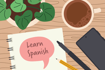 learn spanish written on a spiral notebook; perfect for language learning materials, classroom posters, or educational social media content- vector illustration