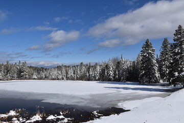 A snow on the lake in spring, Québec, Canada