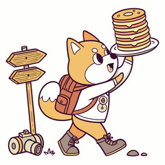 Whimsical Shiba inu feeling Silly in a Forest adventure setting with balancing a stack of pancakes – colored in Evergreen Trails