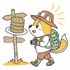 Whimsical Shiba inu feeling Silly in a Forest adventure setting with balancing a stack of pancakes – colored in Evergreen Trails