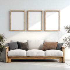 Three Light Wood Frames White Sofa Minimalist Interior