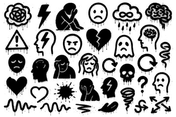 Mental Health Symbols – Graffiti Spray Paint Icons with Dripping Ink