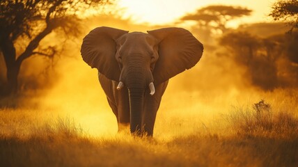 An elephant moves gracefully through golden grasslands during a beautiful sunset.