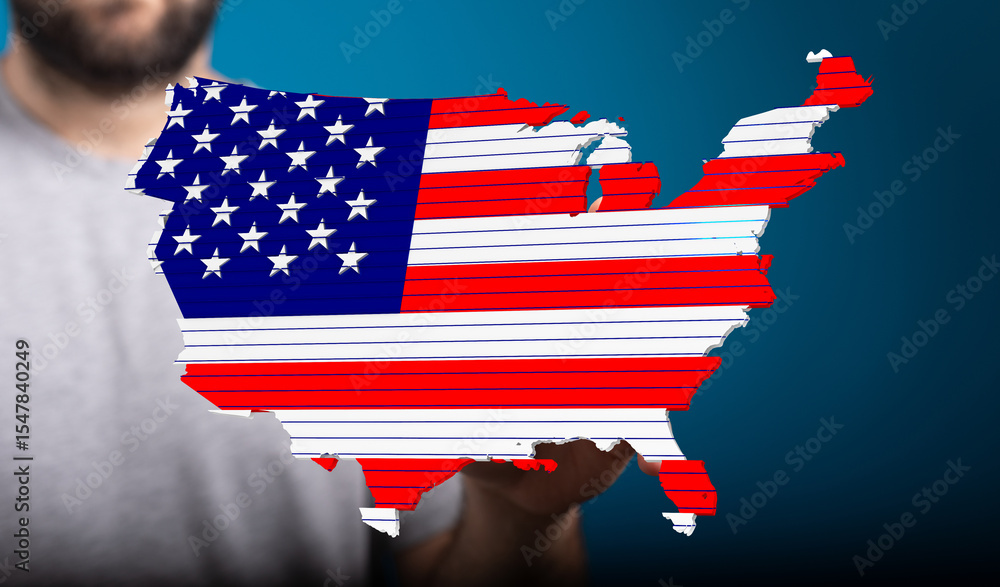 Poster patriotic image of a man holding a us map designed as an american flag. perfect for independence day