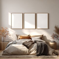 Three Beige Frames Above Minimalist Bedroom with Beige Bedding
