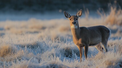 Obraz premium A deer stands still on a frost-covered meadow as sunlight softly illuminates the landscape.