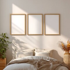 Three Beige Wooden Frames Above Minimalist Bedroom