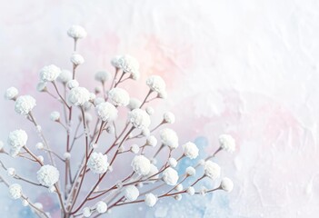 Frosted white botanicals on a snowy, abstract watercolor background ,  snowflake,  nature