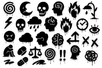 Mental Health Symbols – Graffiti Spray Paint Icons with Dripping Ink