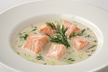 Fresh Salmon Cubes in Creamy Dill Sauce with Green Herbs Decoration