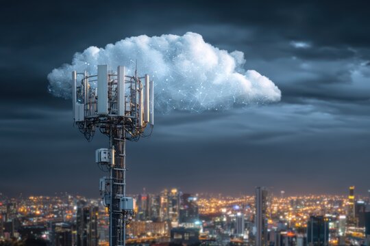 The image shows a futuristic cityscape with a towering structure resembling a cloud shaped like a phone, glowing in the night sky.