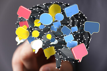 Abstract 3D rendering of interconnected speech bubbles forming a brain, symbolizing communication...