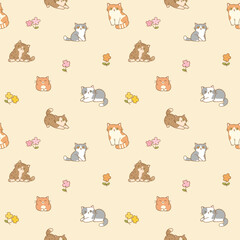 Seamless Pattern with Cartoon Cat and Flower Design on Light Yellow Background. Hand Drawn Vector Illustration.