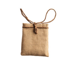 Small Burlap Sack Tied with Twine, Isolated on Black Background