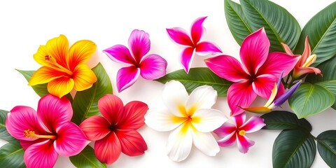 Vibrant tropical flowers, hibiscus, orchids, plumeria, birds of paradise, leaves, isolated on white,   design elements,  collection