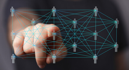 Image of a hand interacting with a digital network, representing global connections and...