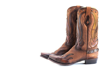 Western elegance in footwear. Classic handmade cowboy boots with decorative details on a white...