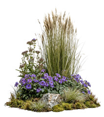 Natural arrangement of tall ornamental grasses with purple flowers and mixed greenery on rock base...