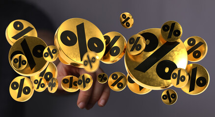 3D render of golden percentage symbols, ideal for finance, sales, and discount concepts.
