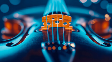 Close-up Abstract of Violin Bridge and Strings in Teal and Orange Tone