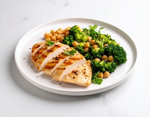 High-resolution image of chicken breast with saut&eacute;ed broccoli and chickpeas, healthy balanced meal