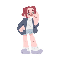 Cartoon Character Waving Hand — Cute cartoon-style character in shorts and oversized jacket waving hello. Flat pastel-colored illustration on white background.