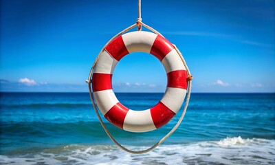 Red and white lifebuoy hangs against blue background