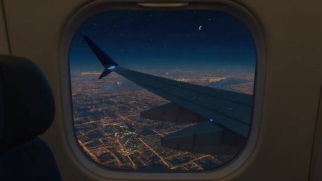 Flying Over City at Night Airplane Window View
