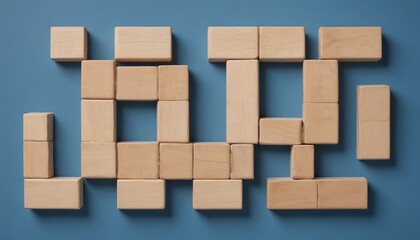 Wooden blocks connected together on an isolated blue background with space for a copy, created with generative ai