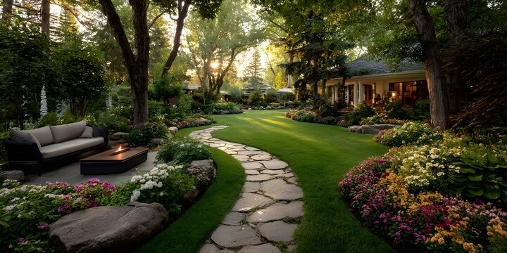 Winding flagstone path meanders through a lush garden at golden hour, bordered by vibrant flowerbeds and a cozy outdoor sofa on the patio.