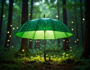 Luminous Green Umbrella In A Firefly Rain Forest