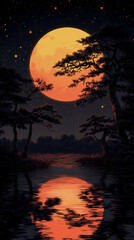Mystical night: Giant orb glowing over tranquil water landscape with silhouetted trees, creating a peaceful, fantasy ambiance