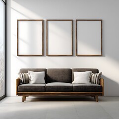 Three Brown Wooden Frames Empty White Canvas Modern Sofa