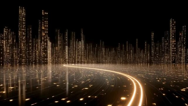 futuristic digital cityscape vision with a golden highway; concept of cybr technoogy, innovation, fast & dynamic virtual solutions; non distractive tech background