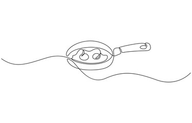 Continuous line drawing of fried egg on a pan. Vector illustration, Frying pan with scrambled egg in continuous one line art style. Simple vector.
