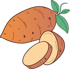 Illustration of a Whole Sweet Potato with Sliced Pieces and Green Leaves Isolated on White Background Perfect for Culinary and Nutrition Concepts