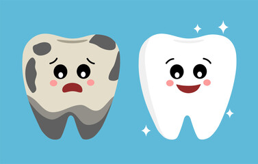Cute cartoon tooth character, Bright and dirty tooth comparision. Dental care concept. Vector illustration isolated on blue background.