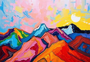 Close-up of vibrant, abstract oil painting depicting multicolored mountains; palette knife texture,   paint,  multicolored