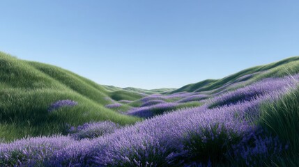 Obraz premium A stunning view of rolling hills covered in vibrant lavender. The fields create a serene and calming atmosphere. Perfect for nature lovers and those seeking tranquility. AI