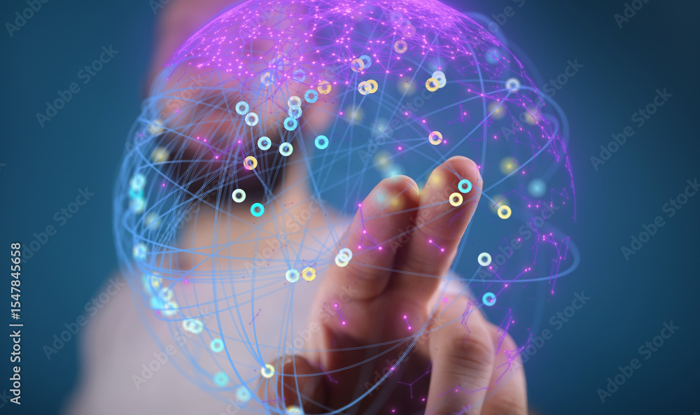 Poster Abstract image of a hand interacting with a glowing digital network.  Perfect for technology, connection, and global concepts.