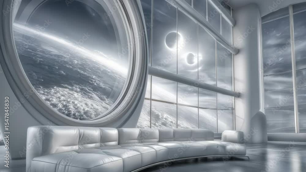 Poster interior of a futuristic space station, spaceship cabin with huge panoramic windows offering stunnin