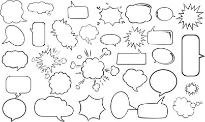 Speech bubble text frame dialog cloud hand drawn set. Blue flat doodle talk speech bubble frame. Hand drawn line chalk frame, think balloon, children doodle text cloud icon. Vector illustration.
