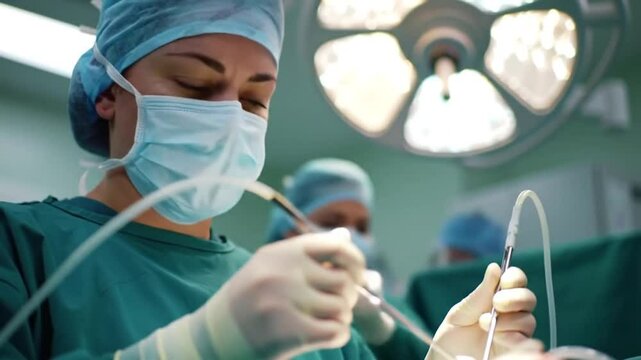 A close-up of a female surgeon in full protective gear operating in a bright, sterile operating room with medical staff in the background. - Powered by Adobe