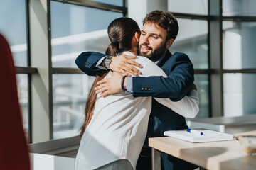 A man and woman exchange a friendly hug in a sunlit office kitchen, expressing camaraderie and...