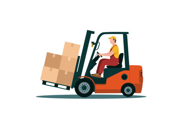 Person operating forklift is moving stacked cardboard boxes, showcasing efficient warehouse logistics. forklift is orange, and operator is wearing yellow cap and red overalls