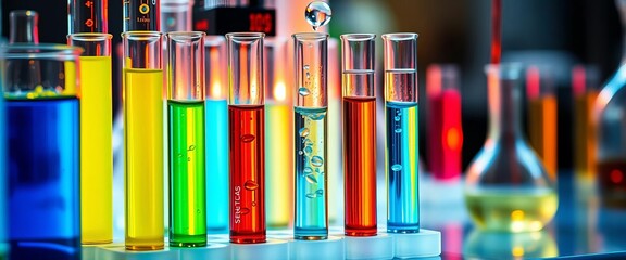 Colorful liquids in test tubes, bubbling and reacting in a lab setting, data, colorful science